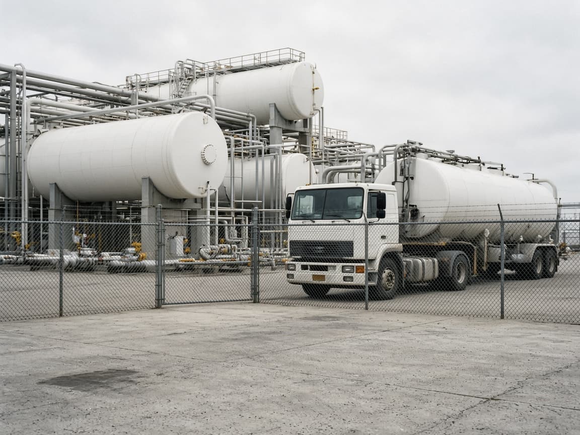 Storage tanks and a gas truck in a loading yard