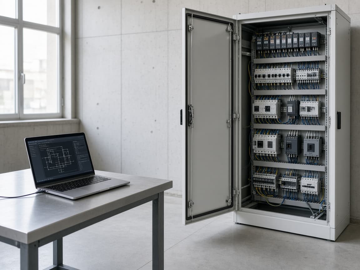 A laptop beside an open switchgear cabinet