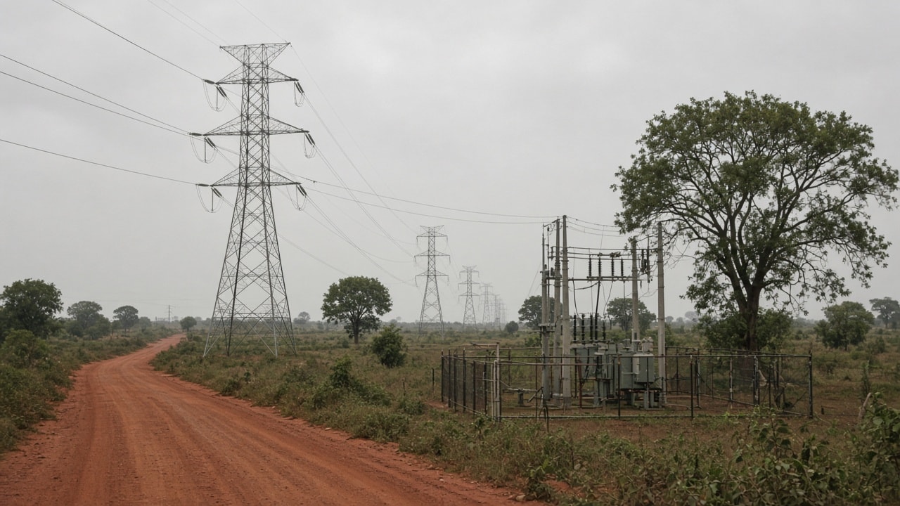A transmission line and transformer yard beside a laterite road
