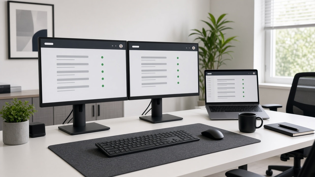 Two monitors and a laptop on a review desk
